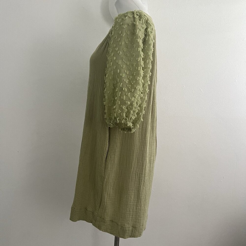 NEW Umgee Olive Green Mini Dress Puff Sleeve Swiss Dot MEDIUM Boho - Picture 12 of 15